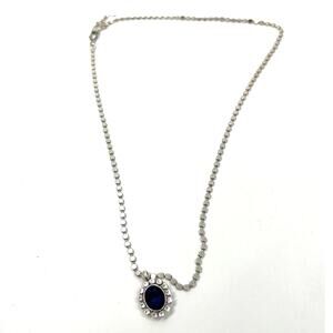 Ori Tao Simple Oval Pendant Necklace, Blue Center Stone Silver Tone Reversible